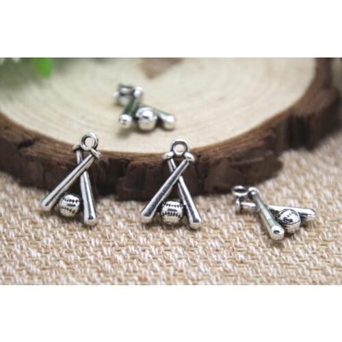 12pcs--Baseball Charms Charms, Antique Silver Tone Bat and Ball charms pendants 14x19mm