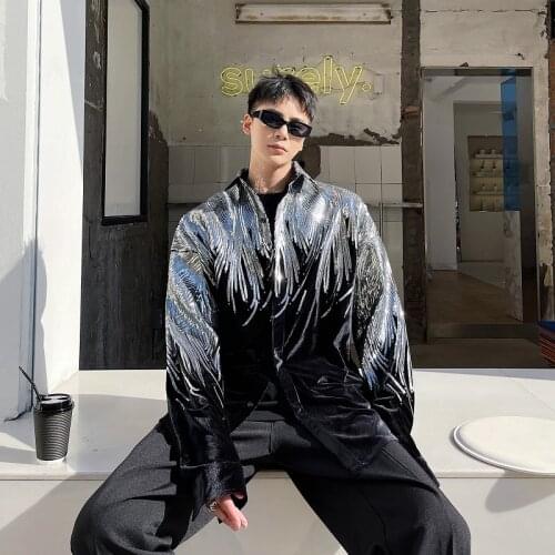 2021 spring summer Korean style Personality Embroidered sequins velvet shirts men casual loose shirts for men,size M-XL