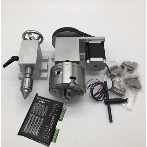 4 Axis Rotation A Axis Extend Rotary 4 Jaw 100mm K12-100 Chuck driver Nema23 Motor &Tailstock for Wood Metal Plastic Milling