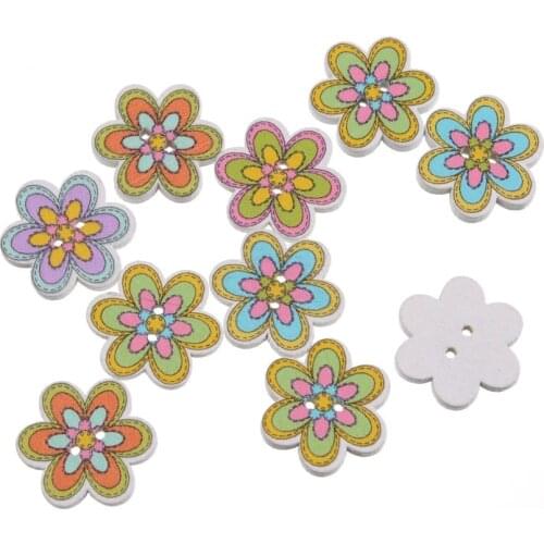 Free shipping 10pcs Random Mixed Color Wood Buttons 2 Holes Flower Shape Sewing Scrapbooking 20x20mm F1638