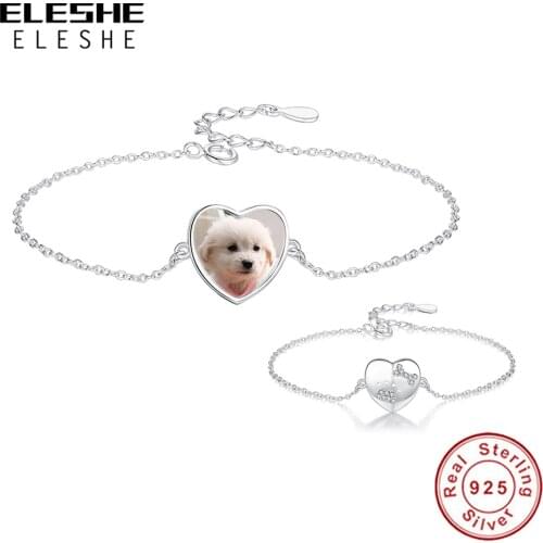 925 Sterling Silver CZ Cute Bones Pet Footprint Bracelet Personalized Custom Photo Heart Chain Bracelets for Women Jewelry Gift