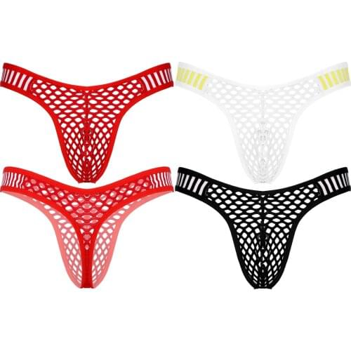 Breathable Men Hollow Out Fishnet Briefs Low Waist Striped Elastic Waistband Thongs See-Through Bulge Pouch Underpants Underwear