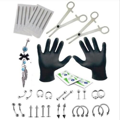 JINGLANG Stainless Belly Button Ring Navel Piercing Tool Kit Ear Tragus Nipple Eyebrow Pircing Set