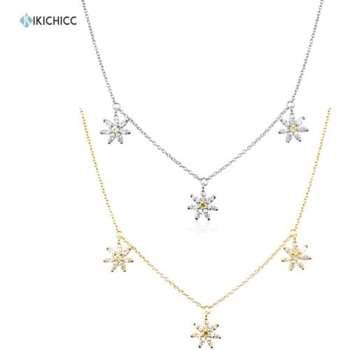KIKICHICC 925 Sterling Silver Gold Three Chrysanthemum Charm Zircon Pave Choker Necklace Long Chain Women Fashion Fine Jewelry