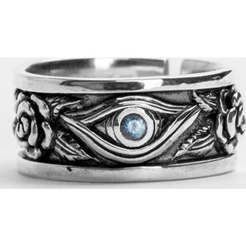S925 Sterling Silver Mens Ring Hip Hop Horus Gods Eye Shape Exaggerated Domineering Cool Open Adjustable Ring