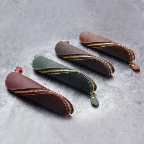 Leather Zipper Pen Pouch Stationery Bag Handcrafted Zippered Pencil Case Holder Artists Work Office High School Girl Boy Student