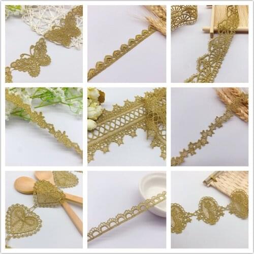 10Yards Heart Butterfly Star Floral Golden Lace Fabric Wedding Dress Lace Applique Gold Thread Embroidery Lace Accessories Trim