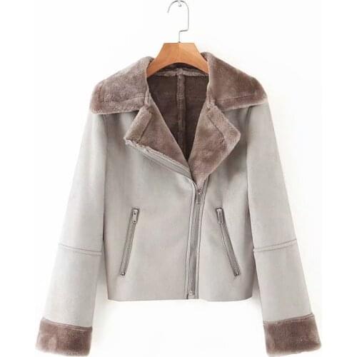 Buckskin Long Sleeve Lapel Zipper Womens Jacket 2019 Winter New Warm Locomotive Harajuku Female Coat Fur One Retro Top