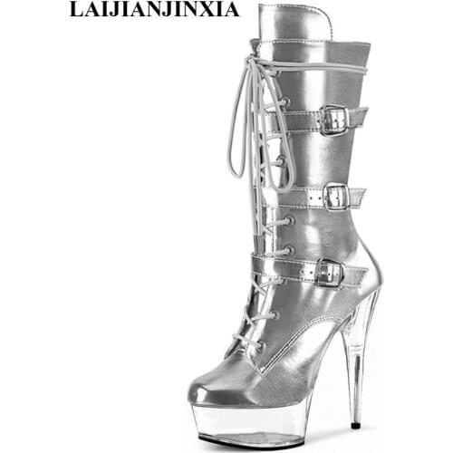 LAIJIANJINXIA Fashion New style Nightclub Stripper Low Tube Short Boots Super High Heeled Shoes Sexy Belt buckle Womens Boots