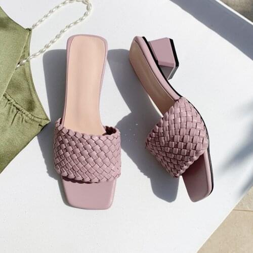 4 cm Square Heel Summer Shoes Woman Slipper Sandals Cross-Strap Lady Fashion Comfort Green Purple Beige Black Shoes Plus Size 43