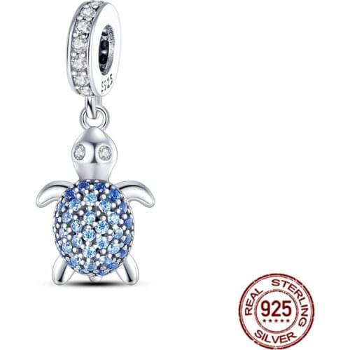 HOT SALE 925 Sterling Silver Zircon Inlaid Blue Turtle Dangle Charm Beads Fit Original Pandora Bracelet Pendant Necklace Jewelry