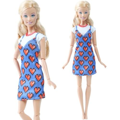 Fashion 1 Set Blue Dress Red Heart Shape Design Skirt Outfit Summer Daily Casual Wear Clothes for Barbie Doll Accessories Toy