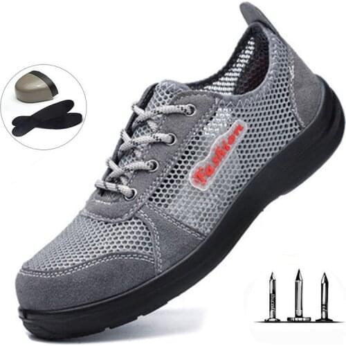 Mens Summer Labor Insurance Shoes Mens Breathable Mesh Gray Black Smash-proof Stab Training Shoes Outdoor Work Safety Shoes