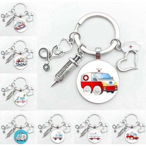 New Ambulance Medicine Box Jewelry Keychain Glass Pendant Doctor Keychain Nurse Medicine Doctor Keyring Souvenir Graduation Gift