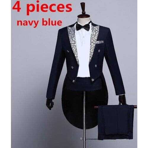 New Male Fashion Black Navy Blue White Floral Lapel Wedding Grooms Tailcoat Tuxedo Evening Party Costumes Singers Suit Men