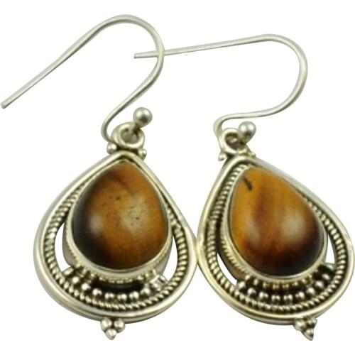Lovegem Genuine Tiger Eye Earrings 925 Sterling Silver, 38 mm, AE2256
