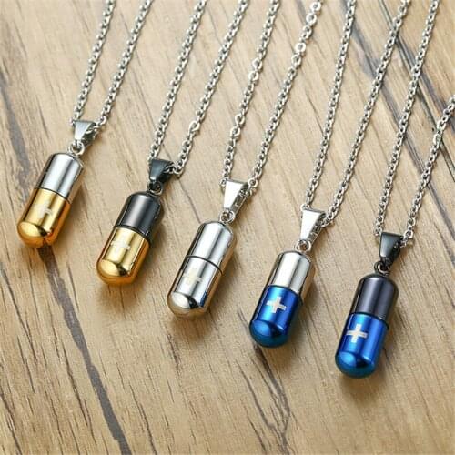 NHGBFT Punk Open Capsule Pendants Necklace For Men Women Perfume Bottle Pill Cross Stainless Steel Pendants