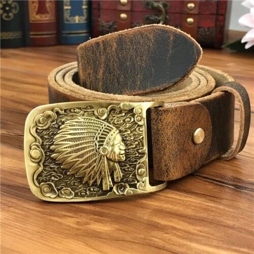 Brass Indian Chief Belt Buckle Genuine Leather Belt Men Ceinture Homme Yellow Belt Men Male Strap Wide Jeans Belt MBT0424