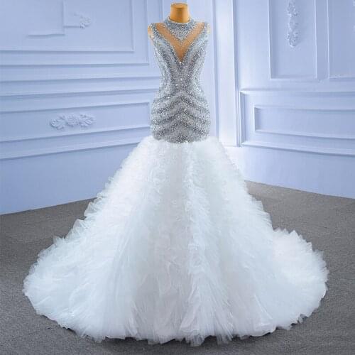 Mermaid Luxurious Charming Silver Wedding Dress 2021 New Bridal Fishtail Side Ruffled Turtleneck Beaded Bridal Gowns
