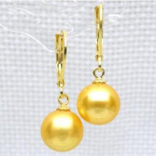 7.5mm perfect round golden yellow south sea pearl dangle earring 14k/20