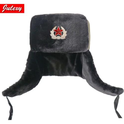 Soviet Army Military Badge Russia Ushanka Bomber Hats Pilot Trapper Aviator Cap Winter Faux Rabbit Fur Earflap Snow Caps hat