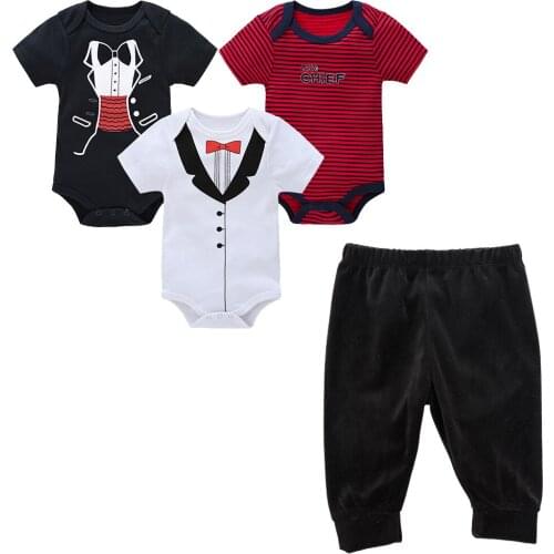 Kavkas New Arrival 4Pcs/Set Baby Boys Pants + Baby Bodysuits Gentleman Theme Three Piece Set Solid Trousers الصبي مجموعات