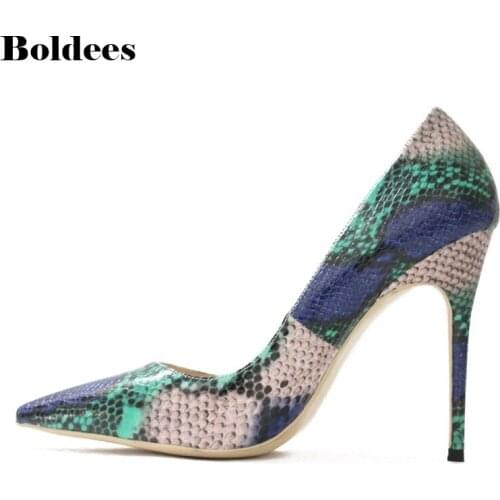 High Quality Mix Color Green snakeskin Sexy Pumps Woman high heel Pointed Toe shoes female stiletto heels OL out fits