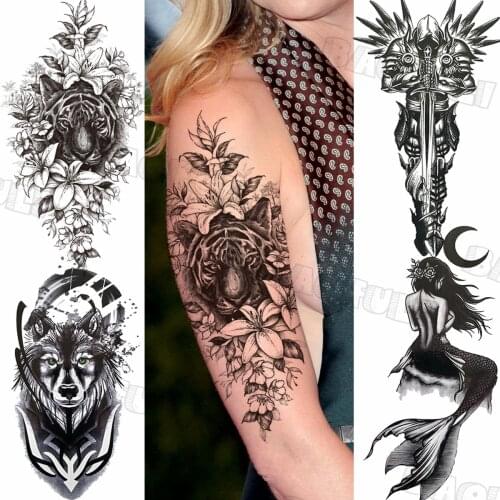 Large Tiger Lily Temporary Tattoos For Women Thigh Arm Men Forearm Mermaid Wolf Fake Tattoo Sticker Realistic Body Art Tatoos
