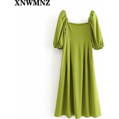 XNWMNZ Women Green Fashion Pleated Dress Puff Short Sleeve Ladies Dresses Square Collar midi Summer Dress Sundress Robe Mujer