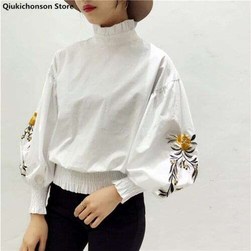 Spring Autumn Long Lantern Sleeve Blouse Women Vintage Ruffle Collar Embroidery Blouses Elastic Waist Plus Size Women Crop Tops