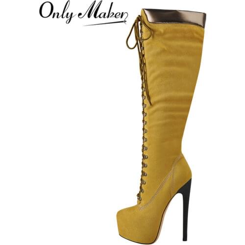 Onlymaker Womens Winter Sexy Platform Front Lace-Up Thin Heel Stiletto Stretch Over The Knee High Boot Cool Woman Shoes Bigsize