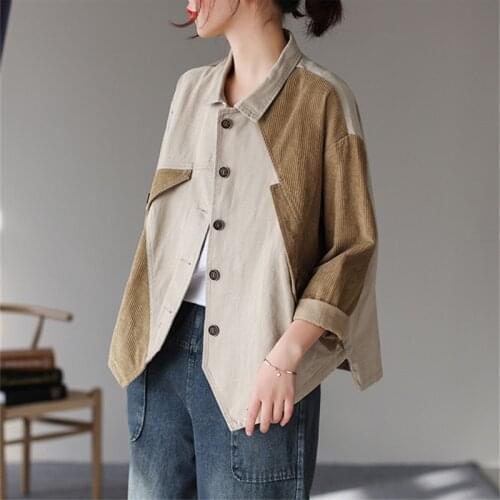 Women Spring Retro Jackets Female Casual Cardigan Button Spliced Vintage Tops Lady Corduroy Patchwork Plus Size Coat Outwear