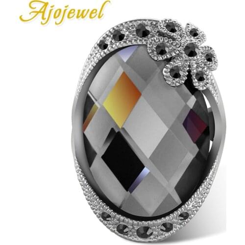 Ajojewel Brand Fashion Vintage Flower Design Big Gray Crystal Rings For Women