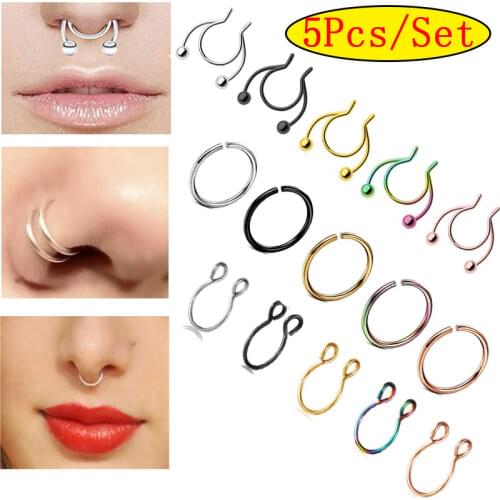 1/5Pcs Stainless Steel Nose Clips Fake Nose Lip Ring Hoop Septum Rings Nose Piercing Ring Stud Earrings Body Jewelry Wholesale