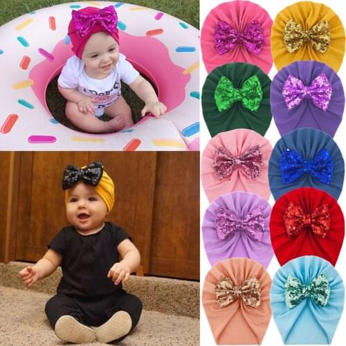 10Pcs Baby Girl Bowknot Headbands Sequin Bow Turban Caps Infant Kids Soft Cotton Hats Toddler Elastic Headwraps Hair Accessories