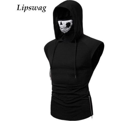2021 Summer Casual Men Sports Masked Tank Tops Fashion Skull Print Hooded Sleeveless Tee Male Training Skinny Vest Gym Clothing