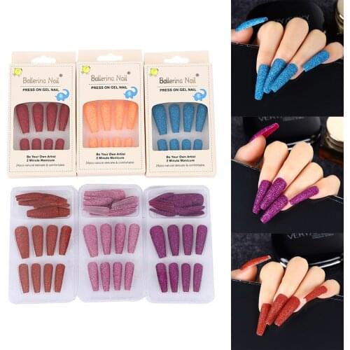 24Pcs Glitter/Matte Design Detachable False Nail Women Wearable Ballerina Coffin Fake Nail Full Cover Acrylic Nail DIY Manicure