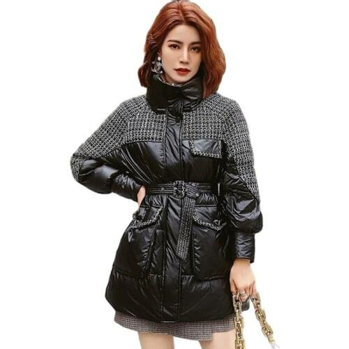 Plaid Stitching Shiny Down Jacket Women Fashion 2021 New Parkas Woman Winter Coat Clothes Korean Style Warm Puffer Jacket Female