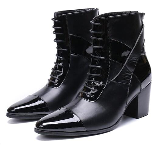 Chelsea Boots Men Black Soft Genuine Leather Ankle Boots Thick Heels Men Shoes Cowboy Boots Men High Heels Lace Up Man Boots