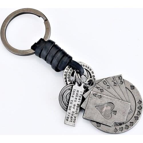 2021 Fashion Jewelry Vintage Silver Hand Woven Leather Poker Keychain Charm Alloy Charm Mens Keychain Accessories