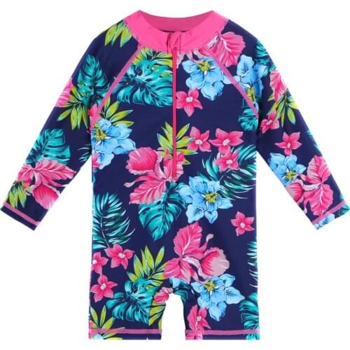 BAOHULU Toddler Baby Girl Swimwear UPF 50+ Navy Flower Kids Girls Swimwear Long Sleeve One Piece Swimsuit for Child Bathing Suit