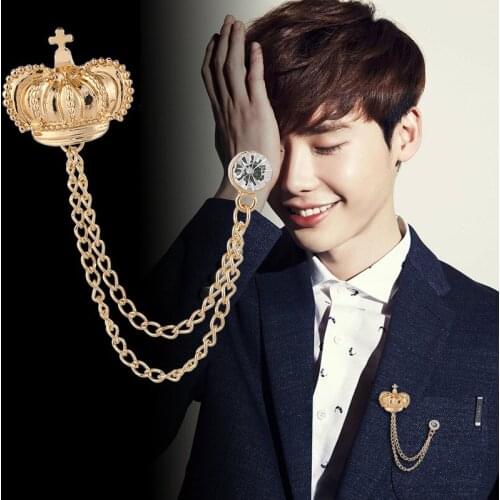 Korean Vintage Crown Rhinestones Brooch Mens Suit Shirt Badge Tassel Chain Lapel Pin Fashion Wedding Jewelry Collar Accessories