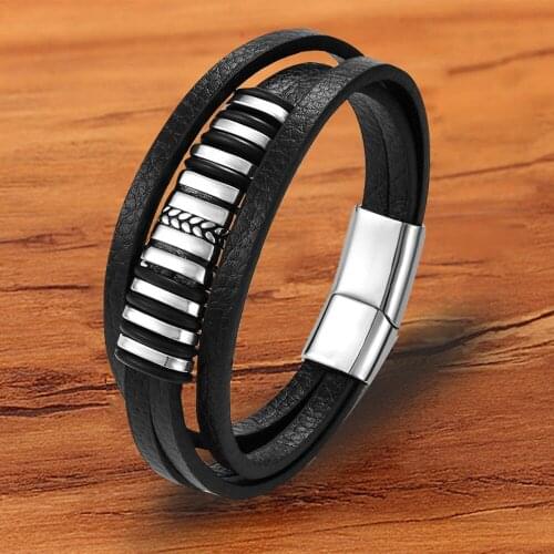 Charm Multilayer Stainless Steel Magnetic Clasp Men Bracelet Leather Bangles Rope Punk Rock Male Jewelry Accessories