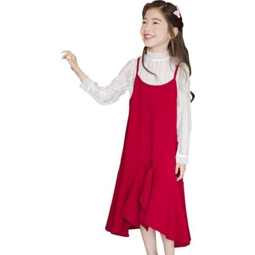 Girls Dress New Spring Autumn Clothes Casual Style Sweet Long Sleeve White Lace Tops With Red Sling Dress Big Girls Dresses