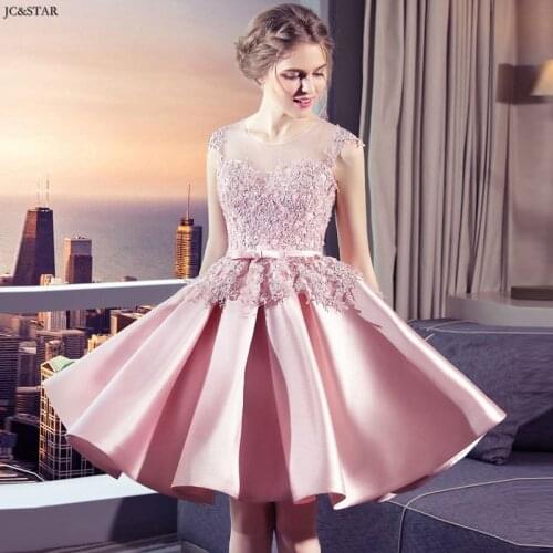 Vestidos de boda invitada new round neck lace short sleeve satin A Line pink bridesmaid dress short brides maid dresses