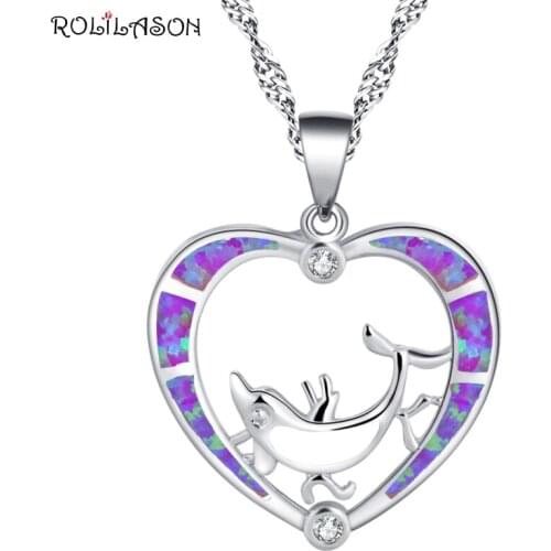 ROLILASON Simple Heart Dolphin Pink Opal silver color Necklace Pendant Romantic Anniversary Gift for women OP825