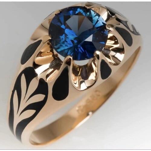 Luxury Gold Plating Engarving Pattern Inlaid Blue Crystal Zircon rhinestone Male Alloy Ring for Men Party Jewelry Accessories