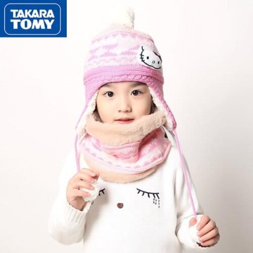 TAKARA TOMY winter fashion cartoon cute Hello Kitty outdoor play snow cold warm hat scarf two-piece set