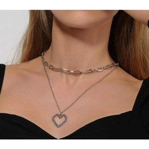 Creative Mosaic Heart Pendant Necklaces for Women Female Hip Hop Hollow Love Multilayer Clavicle Chains Necklace Neck Jewelry