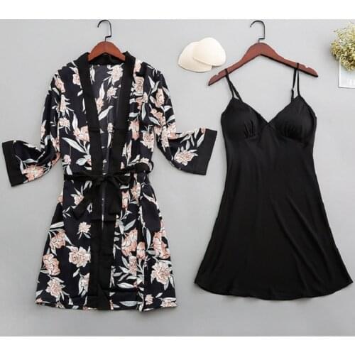 Women Sexy Sleepwear Lace Slik Satin Sleep Lounge Pajamas Nightgown Pyjamas Femme with Chest Pads Homewear Kimono Dress Robes